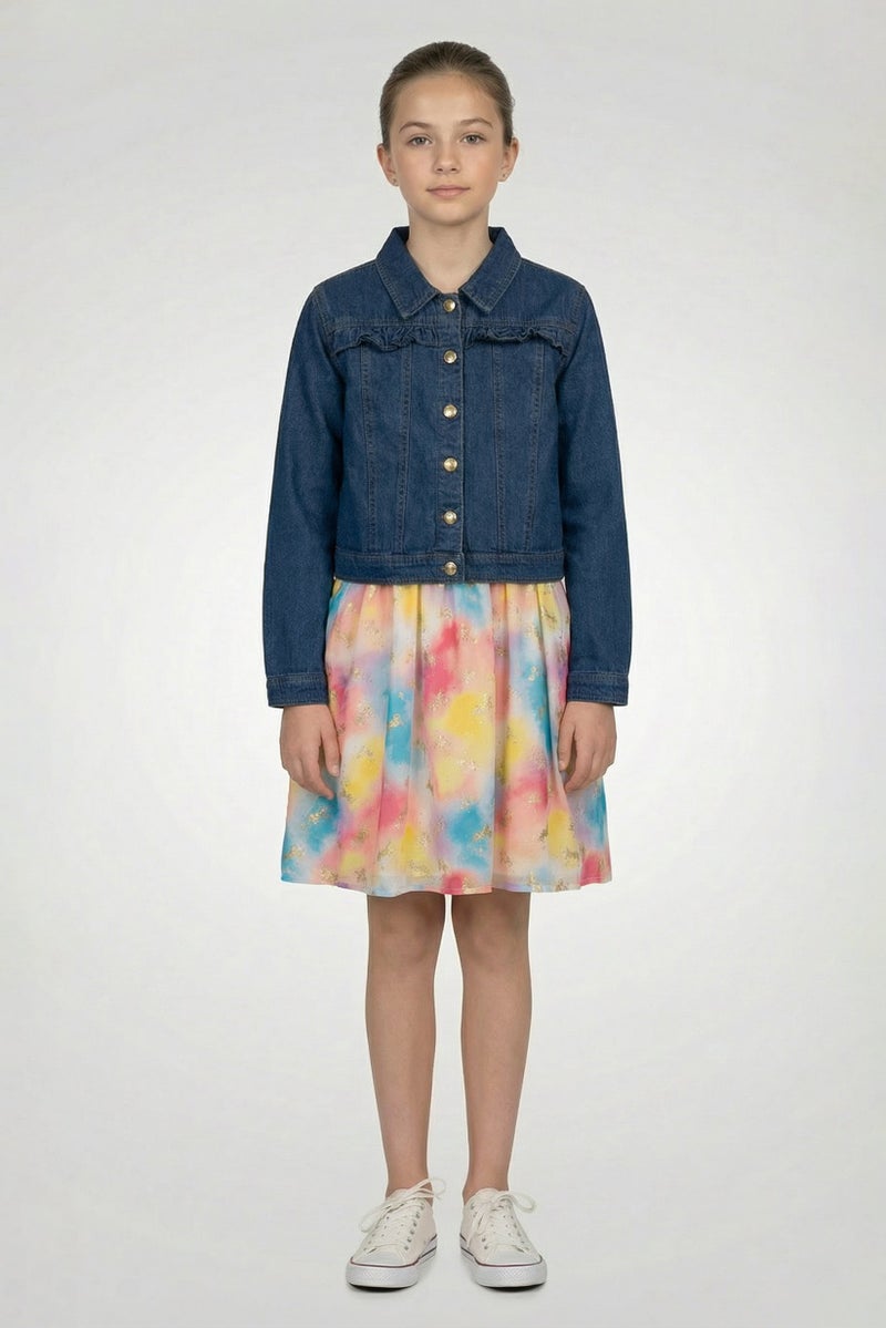 Nanette lepore Kids Girl 2 Pcs Printed Dress And Denim Jacket Set, Multicolor - Image 1